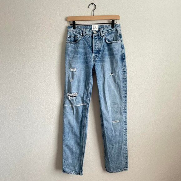 Anine Bing Jeans Women 27 Benson Distressed Straight Leg Denim Cotton Light Wash - Picture 1 of 8